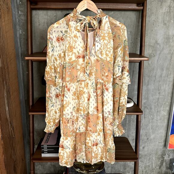 Sezane Estel Long Sleeve Printed Mini Dress Camel Patchwork - Picture 3 of 5